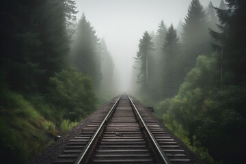 Forest railway tracks receding into dense misty woodland at dawn with moody minimal tones and atmospheric perspective view fog in the mountains