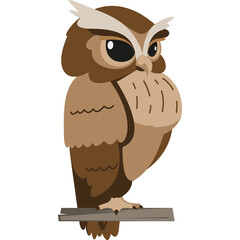Pixel Art Owl Perched on a Branch Featuring Brown and White Feathers and Large Black Eyes Against a Transparent Background