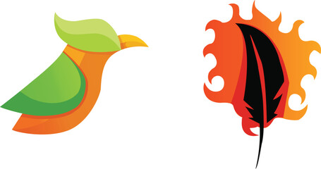 Stylized bird and fiery feather logos isolated on white background
Two distinct graphic logos are displayed. A stylized bird with green leaf wings and an orange body. A black feather against a fiery o