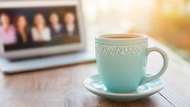 Warm coffee cup on wooden table with laptop showing video conference remote work concept