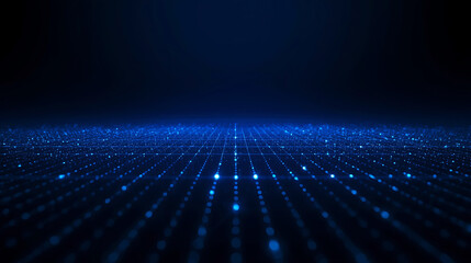 Abstract blue technology background with glowing dots and lines representing a digital network or data stream