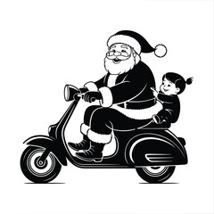 Santa riding a scooter with child passenger in joyful Christmas silhouette vector artwork, Perfect for family themed Christmas designs, holiday marketing, winter prints, and joyful seasonal artwork.