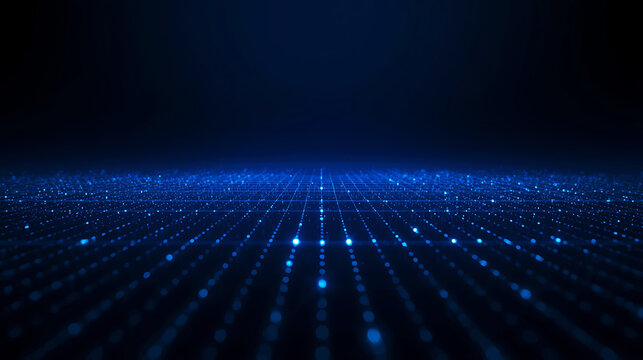 Abstract blue technology background with glowing dots and lines representing a digital network or data stream