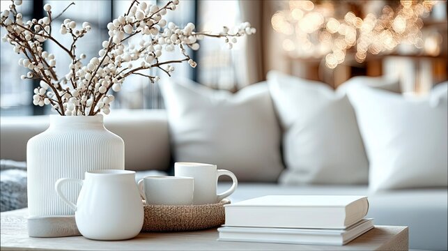 A minimalist arrangement of white ceramic objects, including a ribbed vase with white berry branches, a small pitcher, and mugs, sits on a table in front of a b
