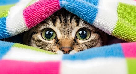 A cute tabby kitten with big green eyes peeking out from under a colorful striped blanket.