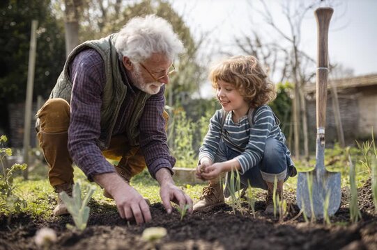 Grandparent and child share joy in gardening on a sunny afternoon in spring