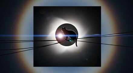 Black cat silhouette with glowing eyes perched on ethereal wires with lightburst effect