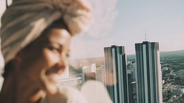 Smiling woman with a towel wrapped around her head looks out a sunlit window.