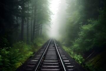 Misty forest railway scene with vanishing tracks leading into foggy woodland horizon under soft light for moody nature composition foggy morning in the forest
