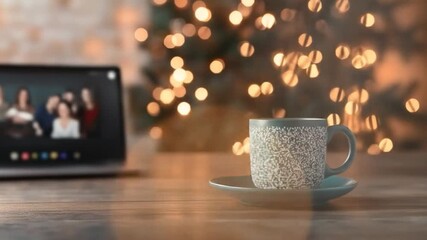 Laptop video call teleconference coffee cup festive bokeh lights background remote work social connection seasonal comfort - Powered by Adobe