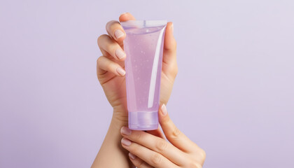 Hands Holding An Unbranded Cosmetic Gel Tube at Mid-Frame Clean Beauty Setup