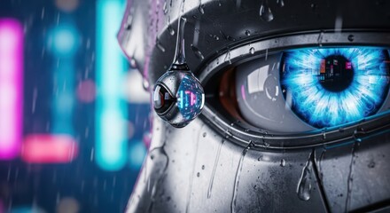A cyberpunk robot's eye reflecting a neon cityscape in a digital rainstorm atmosphere