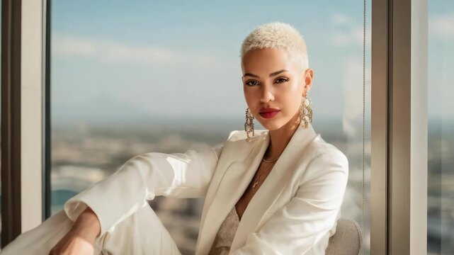 Stylish platinum-blonde woman with a buzz cut sits by a window in a white suit and earrings, posing confidently with a city view behind.