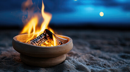 Traditional Lohri bonfire with offerings in wooden bowls, warm glowing flames under starry night sky, copy space,