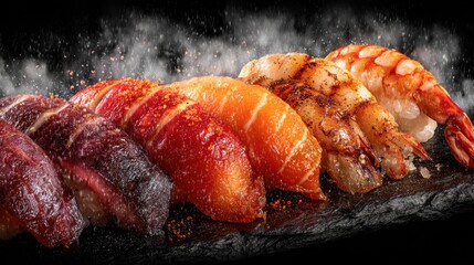 Assorted sushi nigiri arrangement on a dark slate background