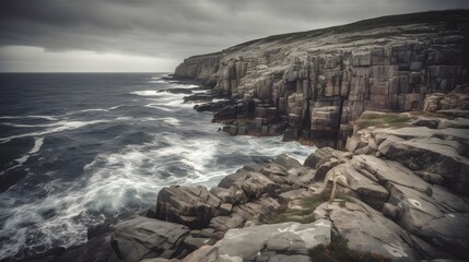 Rocky coastline with textured cliffs and moody overcast sky framing dramatic seascape of raw rugged shore under soft cloud cover cliffs of moher in ireland