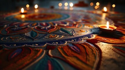 Close-up of colorful diwali rangoli design with lit diyas on a dark background with warm tones. - Powered by Adobe