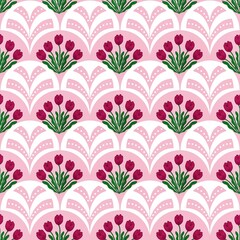 Seamless pattern of tulip flowers with scallop pattern.Elegant and feminine floral pattern for art decoration, wallpaper, textiles, and wrapping paper.
