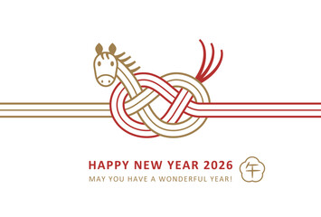 2026午年年賀状デザイン　赤と金のかわいい馬の水引き