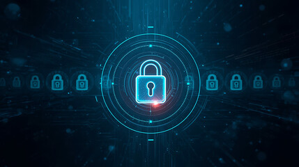Cybersecurity technology concept with glowing digital lock protecting online data and information network