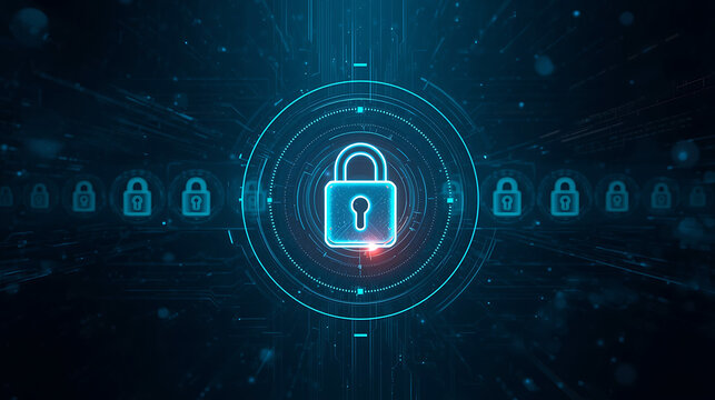 Cybersecurity technology concept with glowing digital lock protecting online data and information network