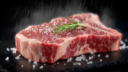 Raw steak seasoned with rosemary and salt against dark backdrop