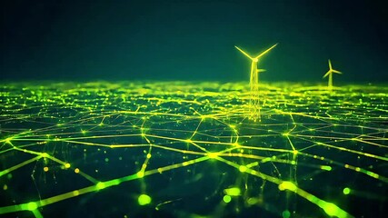 Neon-green grid spans a dark field; distant wind turbines glow softly against a starless horizon... - Powered by Adobe