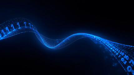 Digital Data Stream with Binary Code Flowing in a Futuristic Blue Wave