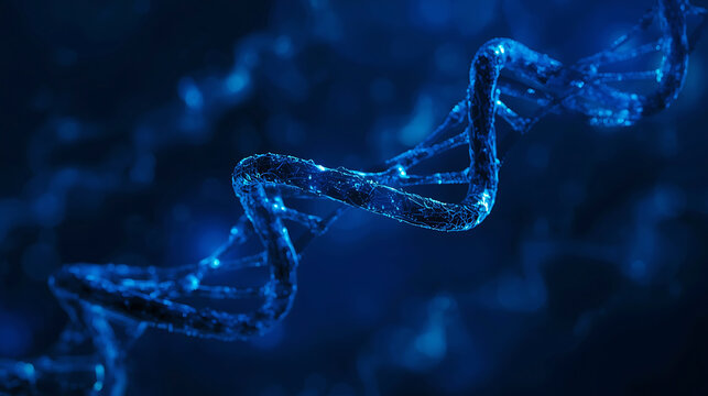 Detailed digital render of a DNA double helix illuminated with glowing blue lights in the dark