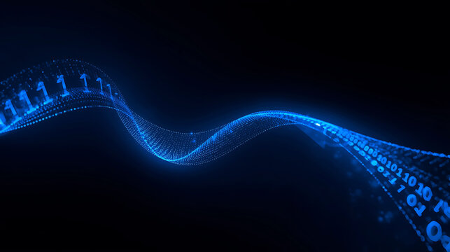 Digital Data Stream with Binary Code Flowing in a Futuristic Blue Wave