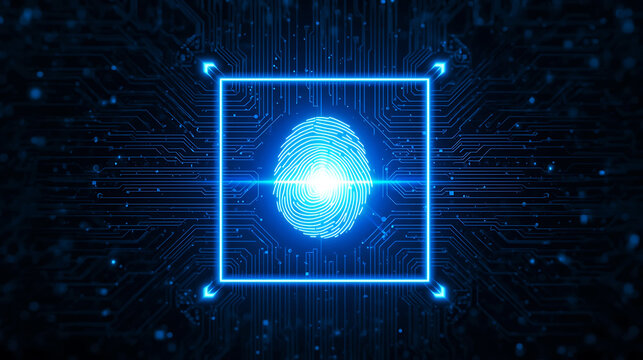 Digital Fingerprint Scan for Secure Access and Cyber Security Solutions Represented in Blue Light