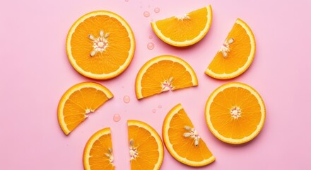 Sliced and segmented oranges are scattered across a vibrant pink background with small droplets of liquid.