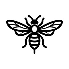Black and White Illustration of a Bee with Detailed Wings and Antennae in Minimalist Design Style