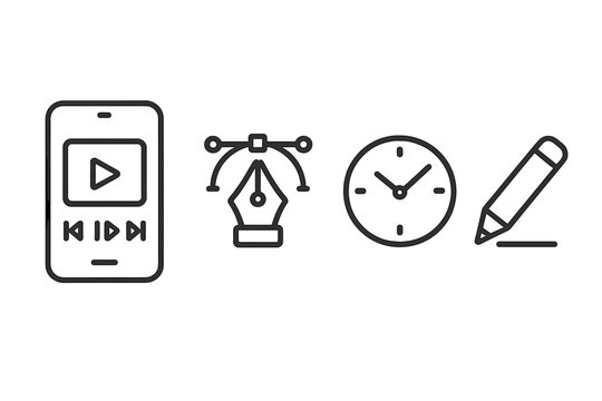 Mobile media player, graphic design pen tool, time clock, and writing pencil symbols