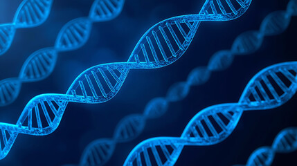 Digital Illustration of Multiple DNA Strands against Deep Blue Background for Scientific Research
