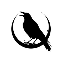 Obraz premium Black silhouette of a crow perched on a crescent moon, artistic design for nature and night-themed projects