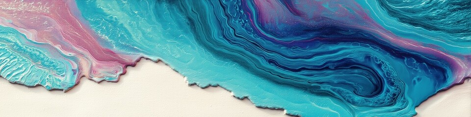 Obraz premium Abstract fluid art close-up with vibrant blue and teal waves meeting a soft pink gradient and a rough white painted edge.