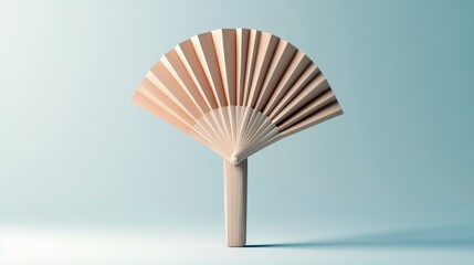 A simple wooden folding fan is displayed against a soft, gradient light blue background. The fan is open, showing its ribbed structure and wooden handle. The li
