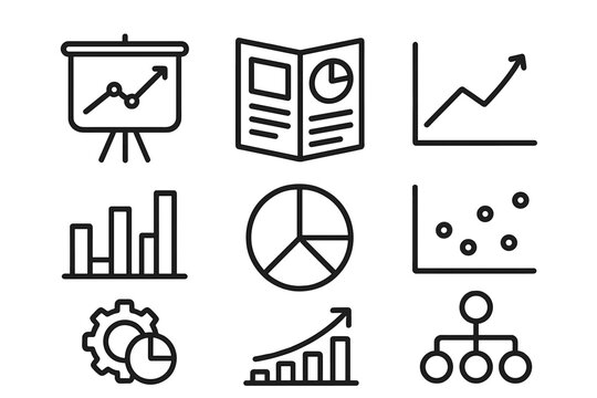 Set of business analytics and financial data visualization icons for reporting and statistics