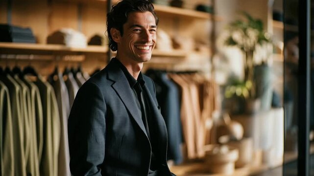 Handsome man tries on tailored sustainable suit in luxury boutique turning and smiling. Modern elegant fashion from recycled fabric emphasizes environmental consciousness and style.