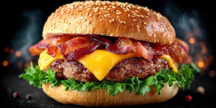 Delicious burger with bacon, cheese, and fresh lettuce