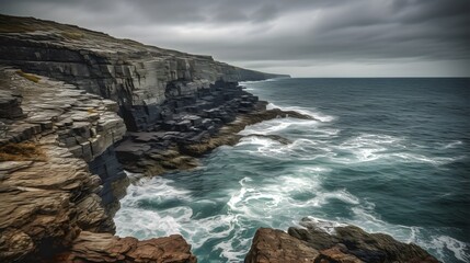 Moody overcast coastal panorama of steep textured cliffs and turbulent sea waves crashing on rocky shore with dark moody sky backdrop waves crashing on rocks