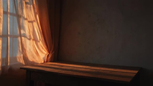 Sunlight streams through sheer orange curtains, casting warm light on a wooden table in a quiet, sunlit room.
