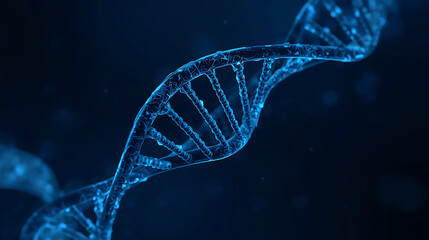 Double helix DNA structure with glowing blue light against dark background digital illustration