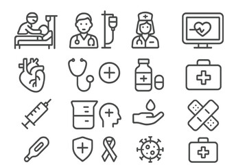 Essential outline symbols for medical, healthcare, hospital, and clinical services
