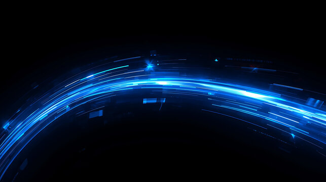 Futuristic blue light trails against black backdrop signifying speed and technology innovation