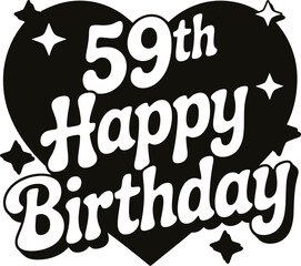 59th Happy Birthday vector with bold white text on black heart, surrounded by festive stars for celebration graphics.