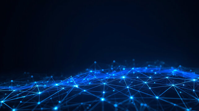 Futuristic blue network with glowing nodes representing connection and data transfer and artificial intelligence
