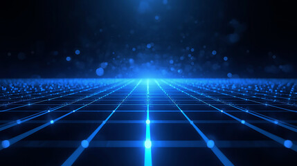Futuristic dark blue grid background with glowing points and light lines for digital technology concept