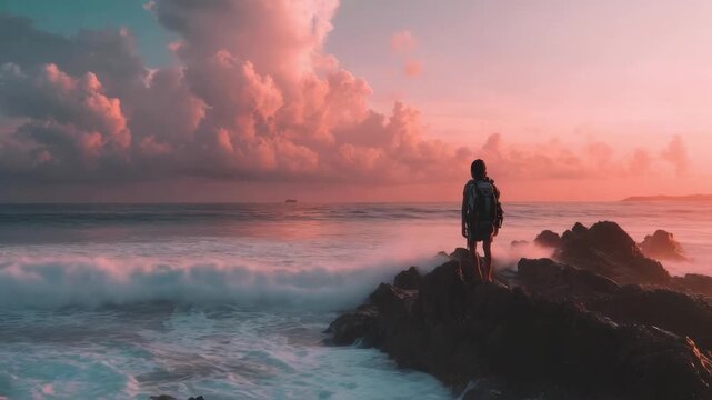 A lone person stands on jagged rocks by the sea as pink-orange clouds glow during sunset, waves crashing onshore.